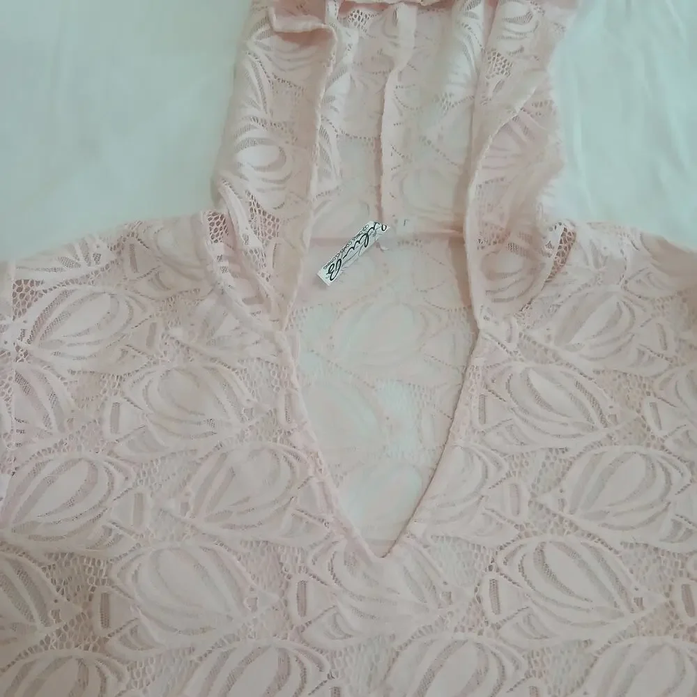 Lulu-B Swim Cover Up Womens L Pink Lace Hooded Tunic Long Sleeve Beach Boho NWT